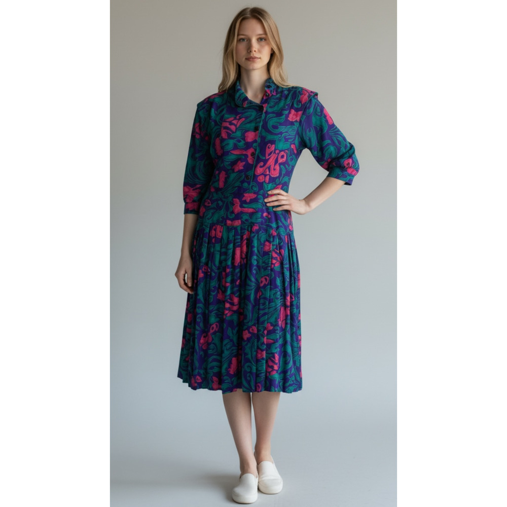 Vintage Moonglow Purple‎ Rayon Pink Blue Floral Midi Dress Size 4 XS/S